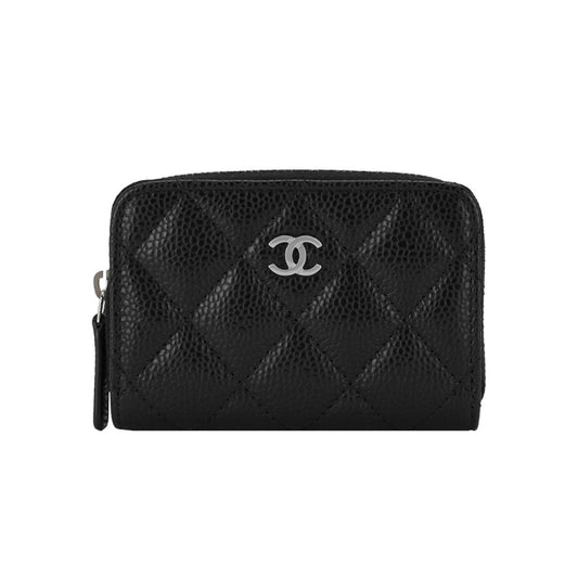샤넬 클래식 지퍼 동전 지갑 그레인드 카프스킨 & 실버 메탈 블랙